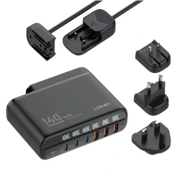 LDNIO A6140C 140W Super Fast Charging 6 USB Ports LED Display GaN Desktop Charger Adapter -1.5M